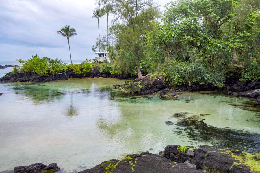 A serene lagoon with clear water, surrounded by lush greenery and black volcanic rocks, under a cloudy sky. Palm trees and a small shelter are visible.