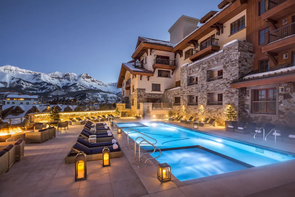 Aspen madeline hotel with heated pool in winter