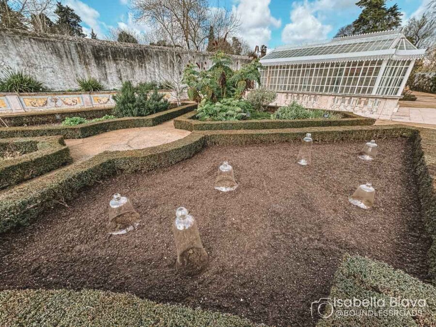 A neatly arranged garden with glass cloches, manicured hedges, and a greenhouse. Person walks in the background. Trees and sky visible.