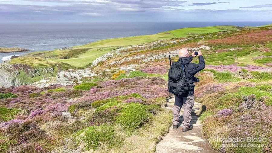 A person photographs the scenic coastline at South Stack, Wales, with rolling hills and purple heather under a partly cloudy sky.