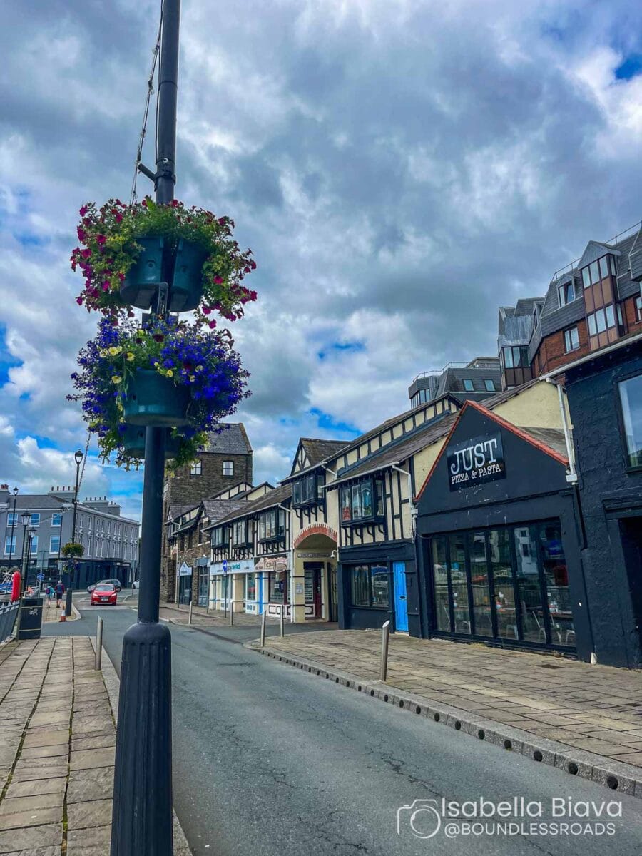 Street view with hanging flowers, historic-style buildings, and shops under a partly cloudy sky. Cobblestone path lines the road, enhancing the quaint atmosphere.