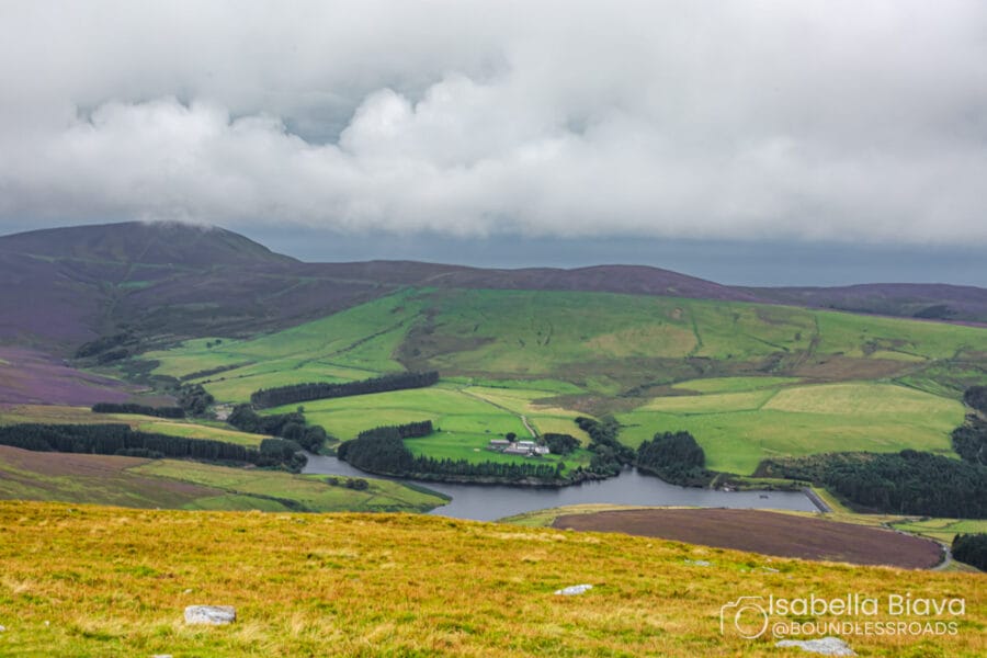 Lush rolling hills, patchwork fields, and a serene river under a cloudy sky create a peaceful, panoramic landscape in the countryside.